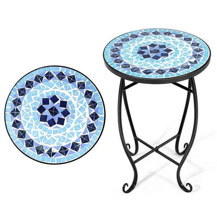 Indoor Outdoor Blue Mosaic Round Side Accent Table Plant Stand